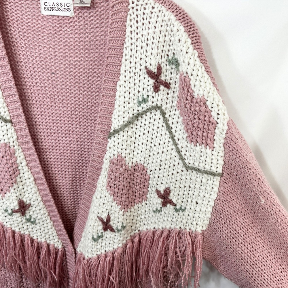 VTG Plus Size 20W Sweater Pink Hand Knit Heart Fringe Cardigan Cottagecore 774 - Picture 7 of 10